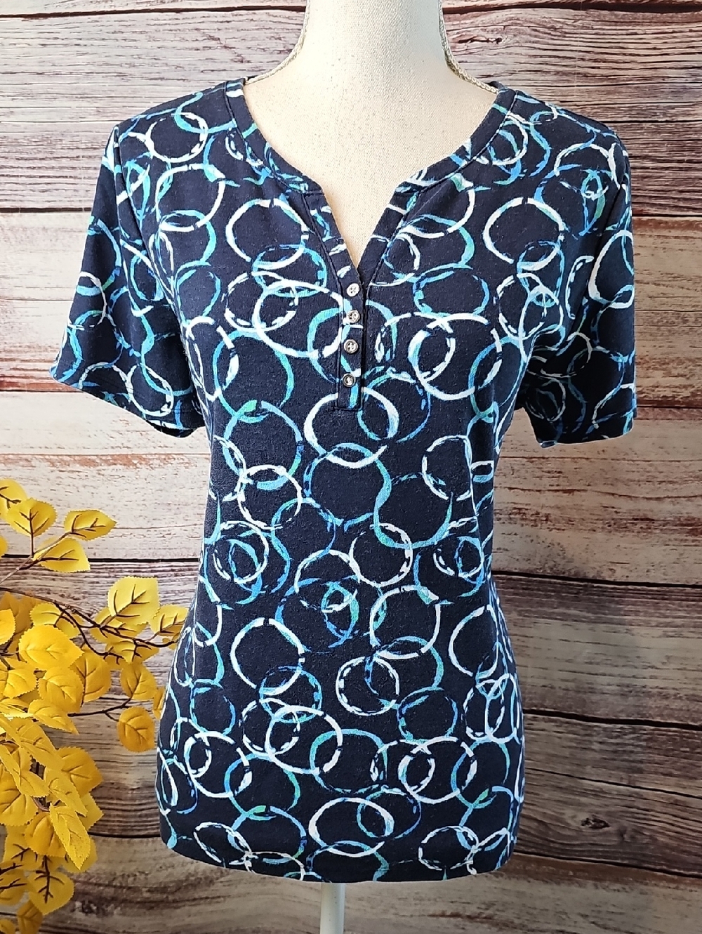 KAREN SCOTT NAVY BLUE SHORT SLEEVE SPLIT V-NECK PULLOVER COTTON TEE TOP - Picture 2 of 12